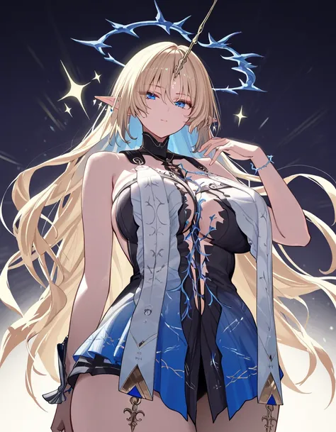 Score_9, score_8_up, score_7_up, ((solo)), looking at viewer, very cute face, vivid colors, commentary, curvy beauty body, perfect body line, very cute girl, fleurdelys \(wuthering waves\), 1girl, blue eyes, blonde hair, solo, pointy ears, long hair, halo, horns, single horn, bare shoulders, jewelry, dress, earrings sparkle, cowboy shot, Dignified expression