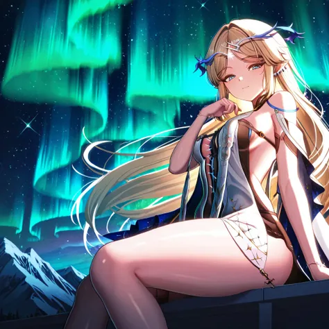 Score_9, score_8_up, score_7_up, ((solo)), looking at viewer, very cute face, vivid colors, commentary, curvy beauty body, perfect body line, very cute girl, cartethyia\(wuthering waves\), sitting, looking down, stardust, A starry sky, aurora, from side