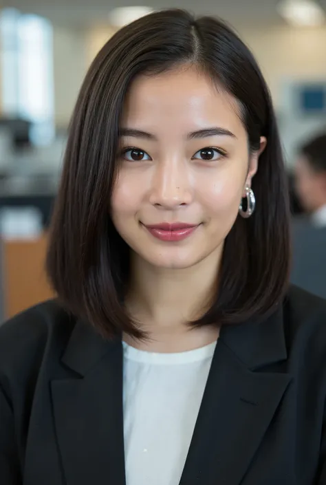 Neat Young Woman、looking at camera、office lady suit、Jacket、shirt、 Ear piercings、necklace、濃いアイシャドゥ、歯を見せた笑顔、、background is office