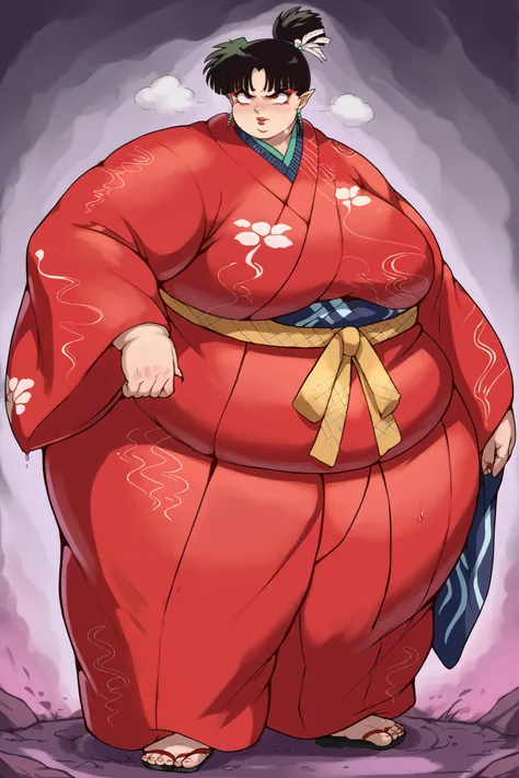 score_9, score_8_up, score_7_up, source_anime, inuyashakagura, kagura, black hair, hair ornament, red eyes, pointy ears, makeup, feathers, feather hair ornament, ponytail, jewelry, earrings, small japanese clothes, small kimono, makeup, small red kimono, g...