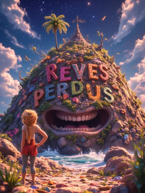 A highly detailed, whimsical, vibrant illustration poster featuring the title: “L'ILE des REVES PERDUS” made in recycled waste, garbage and damaged letters in a grunge, gross, cartoon font, this title on top of polluted island hill made of some colored tra...