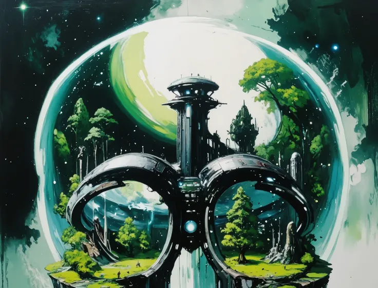 Anime style, black and blue celestial force field, space control tower, arches and technological metal structures, trees of various types and colors, black green and white space background with stars, HD, so many details, black and dark colors background, ...