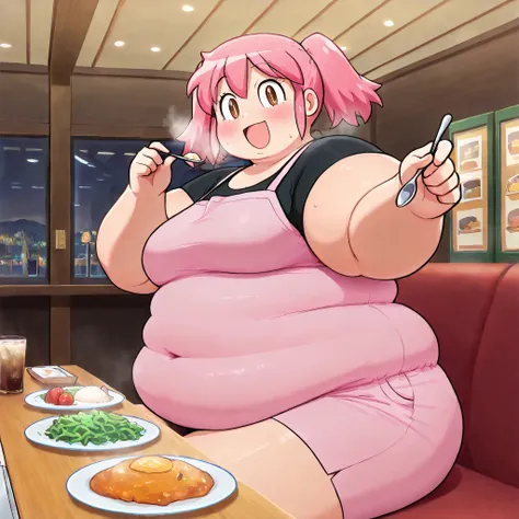 high resolution picture, masterpiece, best quality, amazing quality, official art, solo, 1girl, Natsumi Hinata,  from Keroro gunsou, pink hair,  bangs, sidelocks, brown eyes,  medium breasts,                 incoming food, spoon, holding, holding spoon, fo...