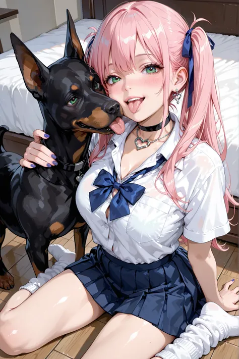 Daytime、Home Bedroom、The bedroom wall is white、 the floor is white 、sitting on the floor、one girl、white short sleeve school shirt with no pattern、nothing blue school ribbon、Nothing Blue School Skirt、black choker with heart pendant、heart shaped silver earri...