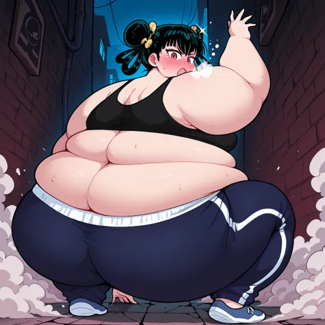 high resolution picture, masterpiece, best quality, amazing quality,  solo, 1girl,  Lin Lin \(one punch man\), ,black hair, red eyes, , ,  medium breasts ,source anime,                                       
 BREAK (curvy), cracked floor, dust cloud superh...