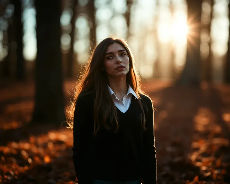 A contemplative young woman standing outdoors in the late afternoon sunlight, surrounded by soft bokeh and cinematic orange and teal tones. She has light skin, delicate facial features, and long wavy brunette hair gently illuminated by the sun. She is dres...