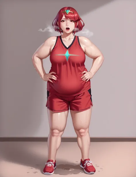 score_9, score_8_up, score_7_up, BREAK, 1girl, solo, pyra \(xenoblade\), xenoblade chronicles \(series\), tiara, solo, red eyes, 1girl, solo, jewelry, makeup, casual, cowboy shot, looking at the viewer, large breasts, hand on hips, red tanktop, sweaty, bla...