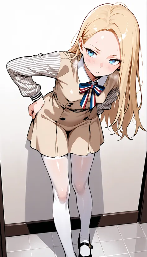 masterpiece,best quality,amazing quality, quality,amazing quality, sexy,Visible curves, sweaty, steamy, seducing, skinny legs,petite, Small breasts, Curved, thighhighs, M3GAN, Shiny Skin, 1girl, solo, long hair, blue eyes, blonde hair, forehead, beige dres...