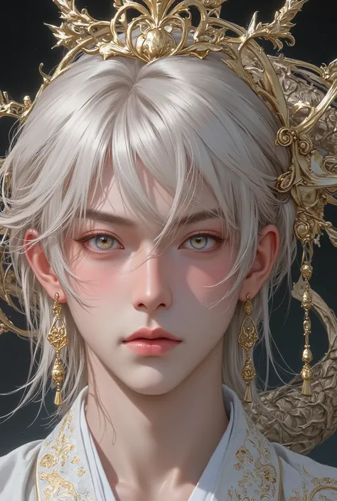 ((Top Quality, 8K, Masterpiece: 1.3)), Sharp Focus: 1.2, (Mature male, handsome, One Bangs Cover Right Eyes, Tied-Back hair, Medium hair, jfcut, Gold Aber Eyes, Flawless Eyes, ((Silver-Gold Hue Hair)), freckles ,male focus, handsome man, thickly painted, s...