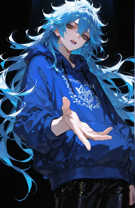 Mature man, man, one man,BREAK Disney Twisted-Wonderland,Disney Twisted-Wonderland_idia shroud, idia shroud, Male, man, standing, serious, yellow eyes, blue lip , burnt blue hair, Dark blue roots, gradation hair, burnt light blue hair, long hair, bangs,Yel...