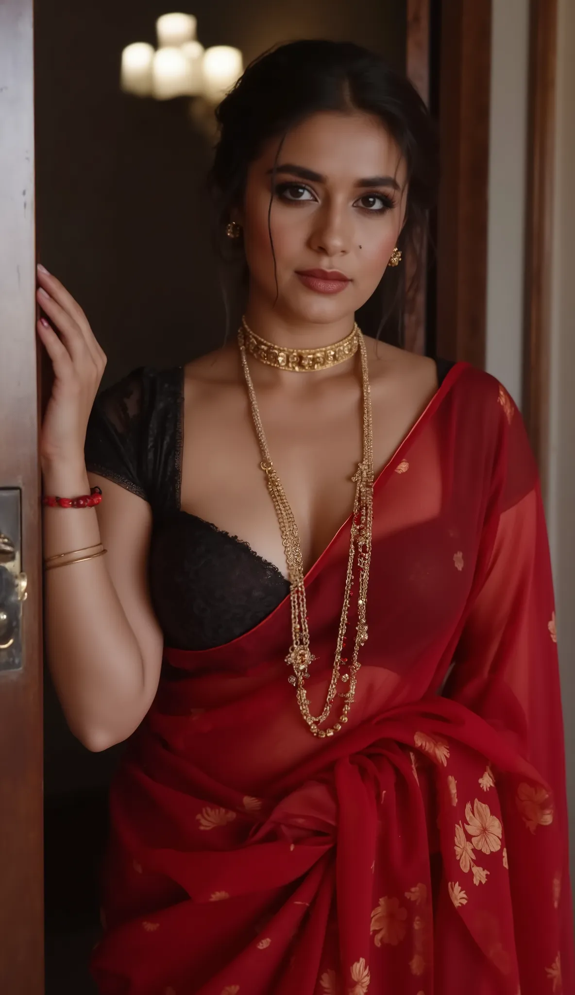 Big breast lady opening door, red transperent saree, black blouse, huge cleavage, plus size breast,breast tight in blouse, nipple visible, lady wear golden long necklace on neck, gold mangalsutra necklace fall down over breast, lust eyes loos hair,