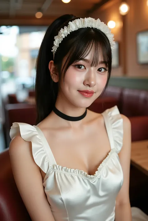 masterpiece, One girl per photo, Upper Body Shot, View from the front, Beautiful korean woman, She is smiling while sitting in a cafe wearing a cute black maid outfit made of short sleeved silk satin., Wearing a white frilly headband, White frilly apron, B...
