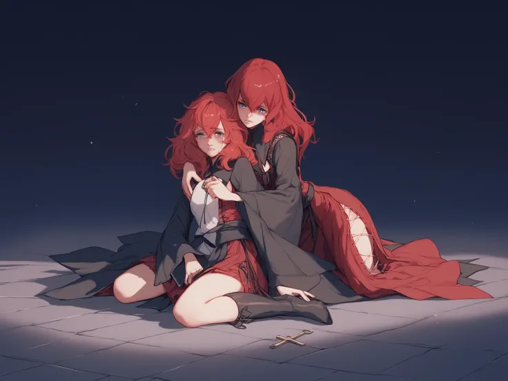 DevolaPopola, 2characters, Devola and Popola,long_hair, red_hair, blue_eyes, red_dress, cross_laced, black_sleeves, wide_sleeves, very detailed, somber mood, Popola kneeling on the floor holding Devola's body as she lays on the floor dying, Popola is cryin...