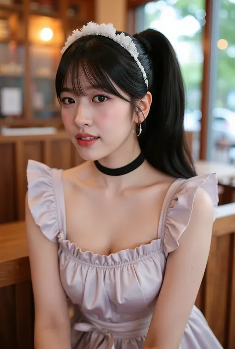 masterpiece, One girl per photo, Upper Body Shot, View from the front, Beautiful korean woman, She is smiling while sitting in a cafe wearing a cute black maid outfit made of short sleeved silk satin., Wearing a white frilly headband, White frilly apron, B...