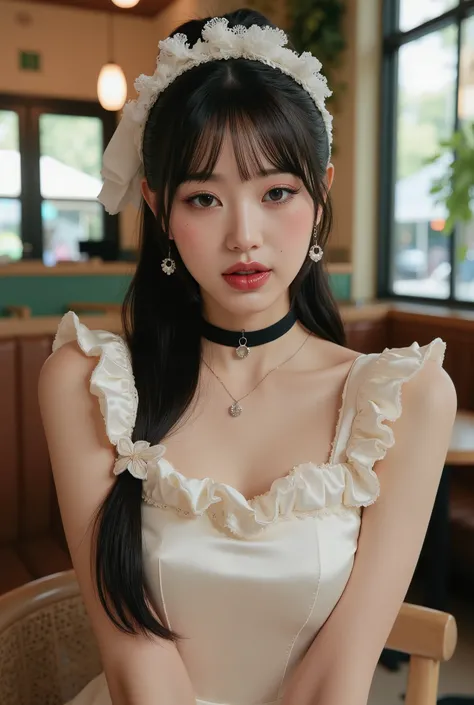 masterpiece, One girl per photo, Upper Body Shot, View from the front, Beautiful korean woman, She is smiling while sitting in a cafe wearing a cute black maid outfit made of short sleeved silk satin., Wearing a white frilly headband, White frilly apron, B...