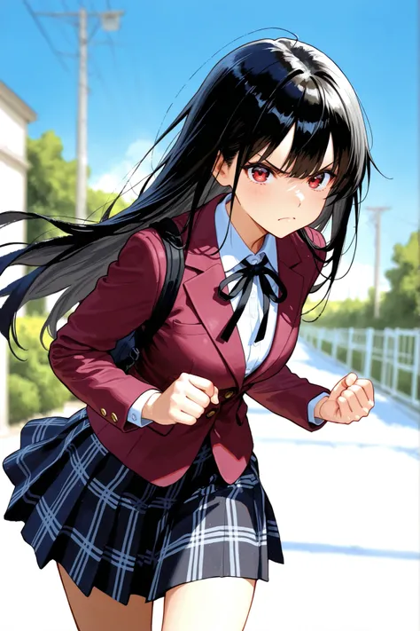 1girl, black hair,long straight hair,Maroon Blazer 、black ribbon、Check Skirt、background is blue sky,expression of angry、has a serious face、depth of field, fake traditional media, Picturesque, Impressionism, masterpiece, high score, Great score , very high...
