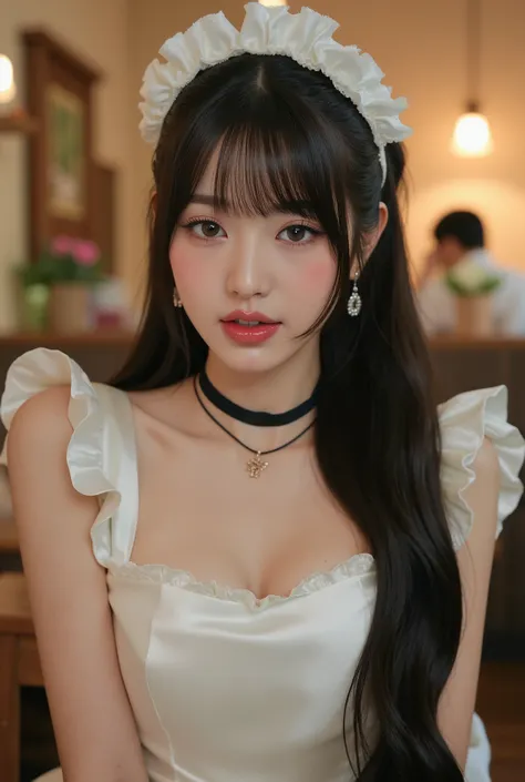 masterpiece, One girl per photo, Upper Body Shot, View from the front, Beautiful korean woman, She is smiling while sitting in a cafe wearing a cute black maid outfit made of short sleeved silk satin., Wearing a white frilly headband, White frilly apron, B...