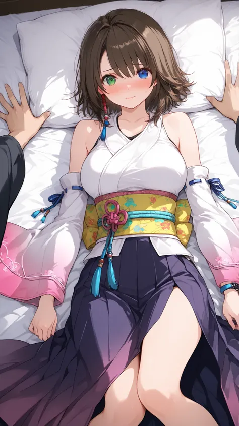 yuna, blue eyes, brown hair, green eyes, hair ornament, heterochromia, short hair,bare shoulders, detached sleeves, hakama, hakama skirt, japanese clothes, purple hakama, skirt, obi, sash, side slit, wide sleeves, white shirt,flushed face,bedroom,solo focu...