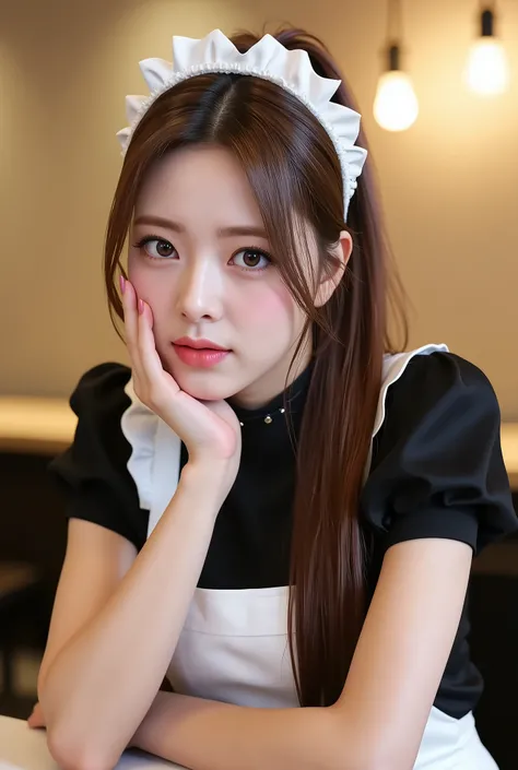 masterpiece, One girl per photo, Upper Body Shot, View from the front, Beautiful korean woman, She is smiling while sitting in a cafe wearing a cute black maid outfit made of short sleeved silk satin., Wearing a white frilly headband, White frilly apron, B...