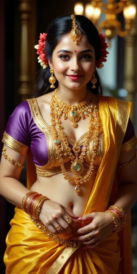 a Beautiful woman with detailed expressive olive-green eyes and "A beautiful Indian woman dressed in a traditional Maharashtrian saree. She is wearing a rich yellow and purple silk saree with intricate golden borders. Her jewelry includes multiple layers...