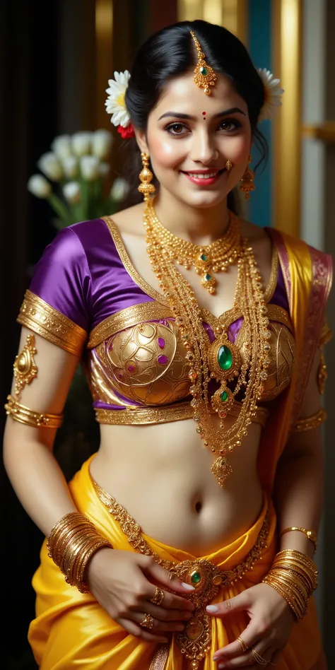  a Beautiful woman with detailed expressive olive-green eyes and  "A beautiful Indian woman dressed in a traditional Maharashtrian saree. She is wearing a rich yellow and purple silk saree with intricate golden borders. Her jewelry includes multiple layers...
