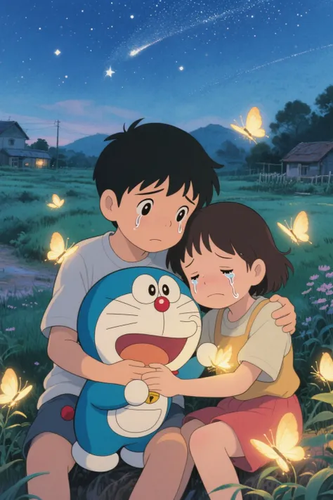 "An emotionally animated scene between doraemon and nobita, with glowing fireflies hovering around them. the boy hugs the girl in his lap. both cried. Their expression shows deep waves, quiet sadness and love. The backdrop is a rural area dissolved in the starlight, painted with soft watercolors, evokes warmth and sadness. The mood is reflective, nostalgic,  and deeply touching ."

