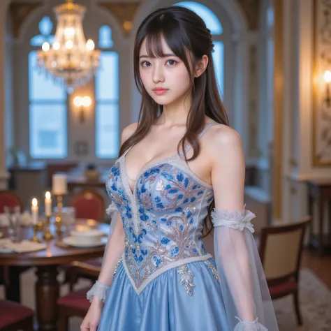 Supreme Masterpiece、Perfect Anatomy、(full body, full body shot with mahiru:1.20), twin tail hairstyle 、Japanese Top Idol, ((ELSA CINDERELLA FUSION WITH CRYSTAL, lace lingerie , Translucent)), CHECK FLARED MINI SKIRT, SKINNY ULTRA THIN STOCKINGS 、Bra、 Wide-...