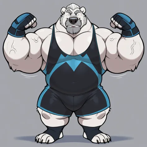 huge muscular polar bear at WWE’s ring, big strength, polar bear, huge white fur, thick arm, huge arm, added thick gray mustache, added thick gray beard, Short white hair, (thick veiny muscular, pectoral, wide pectoral, thick arms), height: 220cm (7’2), we...