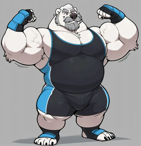 huge muscular polar bear at WWE’s ring, big strength, polar bear, huge white fur, thick arm, huge arm, added thick gray mustache, added thick gray beard, Short white hair, (thick veiny muscular, pectoral, wide pectoral, thick arms), height: 220cm (7’2), we...