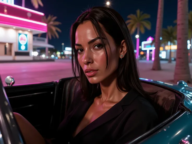A photorealistic image, like a real photograph, of a real human woman, depicting Lucia Caminos from GTA VI. She has dark brown, straight or wavy hair, brown eyes, tanned skin, and striking Latin facial features (thin nose, full lips, prominent chin, expres...