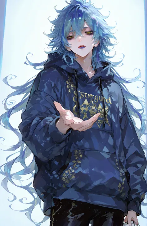 Mature man, man, one man,BREAK Disney Twisted-Wonderland,Disney Twisted-Wonderland_idia shroud, idia shroud, Male, man, standing, serious, yellow eyes, blue lip , burnt blue hair, Dark blue roots, gradation hair, burnt light blue hair, long hair, bangs,Yel...