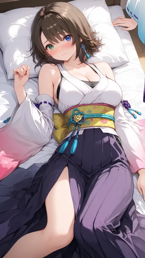 yuna, blue eyes, brown hair, green eyes,blue-beaded earring,heterochromia, short hair,bare shoulders, detached sleeves, hakama, hakama skirt, japanese clothes, purple hakama, skirt, obi, sash, side slit, wide sleeves, white shirt,flushed face,bedroom,solo ...