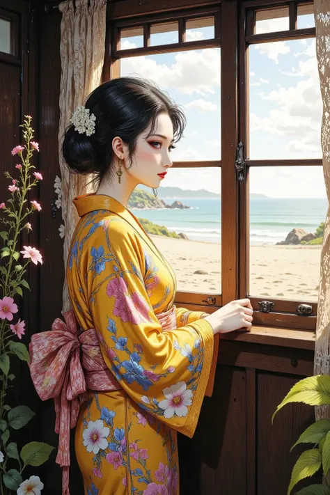 woman in an elegant yukata、resting her elbow on the window frame and looking at the outside scenery、Sandy Beach and Ocean Views 、gentle sea breeze、hair fluttering、Inside the cottage、golden hour、4k、high resolution、Fine、photorealistic、studio light、ultra-fine depiction、Professional、vivid colors、Bokeh
