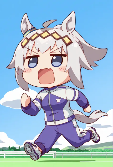 
( chibi:1.3)，Oglicaps \(Uma Musume\), Running, solo, Horse Ears, Tail, horse Tail, open your mouth, jacket, Stupid hair, ponyTail,   underpants, long sleeve, cloud, null, track jacket, Outdoors, chest, day, Different Hairstyles, blue null, shoes, purple   underpants，gray hair，Hair ornament，