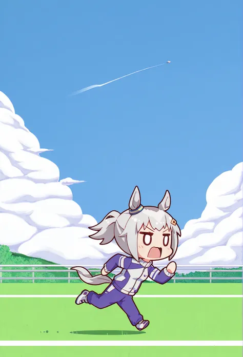 ( chibi:1.3),Oglicaps \(Uma Musume\), Running, solo, Horse Ears, Tail, horse Tail, open your mouth, jacket, Stupid hair, ponyTail, underpants, long sleeve, cloud, null, track jacket, Outdoors, chest, day, Different Hairstyles, blue null, shoes, purple ...