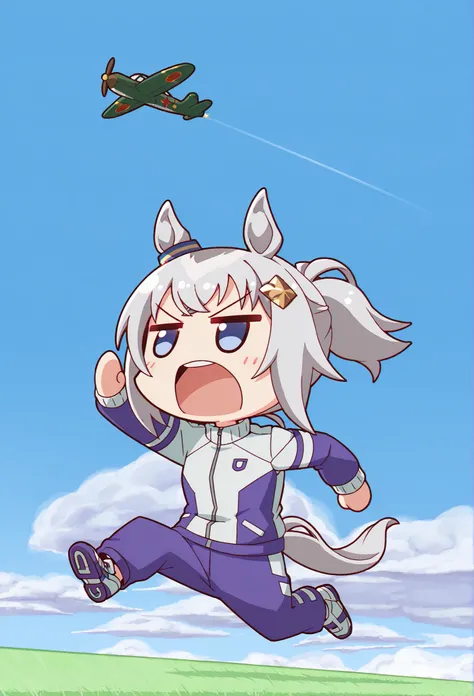 
( chibi:1.3)，Oglicaps \(Uma Musume\), Running, solo, Horse Ears, Tail, horse Tail, open your mouth, jacket, Stupid hair, ponyTail,   underpants, long sleeve, cloud, null, track jacket, Outdoors, chest, day, Different Hairstyles, blue null, shoes, purple   underpants，gray hair，Hair ornament， airplane clouds ，