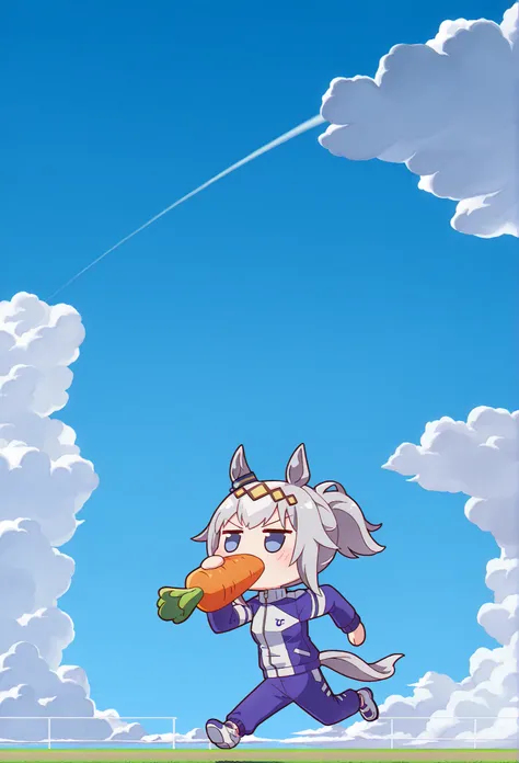
( chibi:1.3)，Oglicaps \(Uma Musume\), Running, solo, Horse Ears, Tail, horse Tail, open your mouth, jacket, Stupid hair, ponyTail,   underpants, long sleeve, cloud, null, track jacket, Outdoors, chest, day, Different Hairstyles, blue null, shoes, purple   underpants，gray hair，Hair ornament，There is a carrot hanging in front of me，saggy，