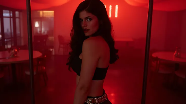 Beautiful dark-haired woman facing viewer, with gold studded belt, tight thigh high stockings, big tits, very big ass, toned belly, red light illuminates
In strip club, pole dancing, barefoot