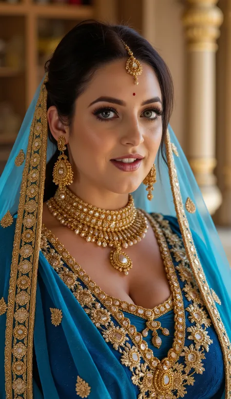 A fascinating portrait of a divine goddess draped in a blue lehenga Royal, sparkling with golden embroidery, your golden and luminous skin illuminated under heavenly light, deep eyes outlined with kohl, lips gently curled in a mysterious smile, adorned wit...