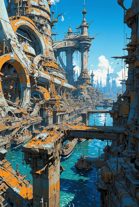 (ファンタジースチームパンクの派手でかっこいい豪華絢爛な魔法の蒸気機関都市のsea洋工業地帯をシーン)(sea、Bay Harbor 、boat)(metal 、Reinforcement 、 crane、 Steel Tower 、Concatenation、brass、gear)(Aerial photography )(Beautiful blue sky)4K