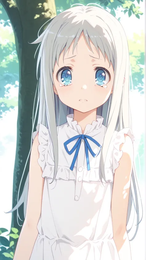 1 girl、meiko honma, long hair, blue eyes, grey hair, dress, sleeveless, sleeveless dress,Quality(masterpiece、最高Quality、high resolution、beautiful face in every detail、anatomically correct、detailed depiction)、sheds big tears、shines with a crying face、Standing in the shade of a tree、Backlit Asahi、
