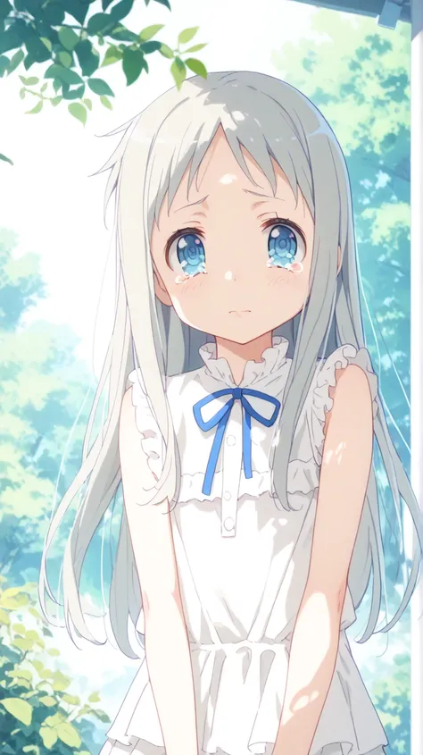 1 girl、meiko honma, long hair, blue eyes, grey hair, dress, sleeveless, sleeveless dress,Quality(masterpiece、最高Quality、high resolution、beautiful face in every detail、anatomically correct、detailed depiction)、sheds big tears、shines with a crying face、Standing in the shade of a tree、Backlit Asahi、
