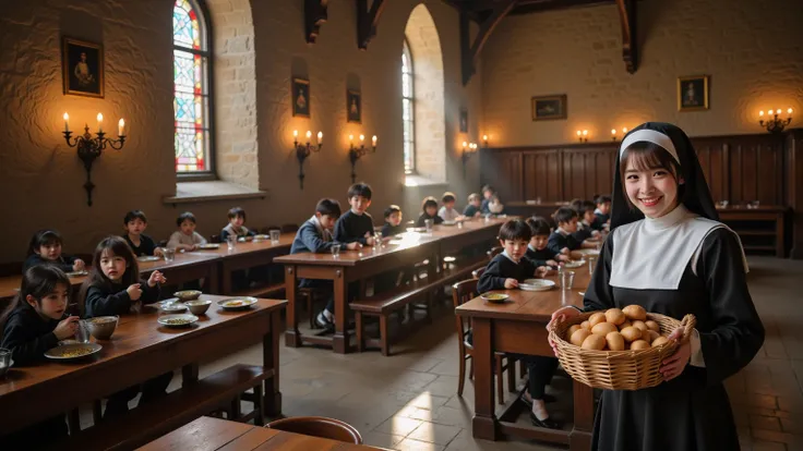 documentary photo, photo-realistic, dramatic scene, 1 girl\(Japanese cute girl, famous Japanese idol, young beautiful Catholic nun, wearing traditional black and white habit, standing, smile\), medieval monastery refectory, warm candlelight, sunlight streaming through arched windows, kind-hearted nun holding a large wicker basket filled with freshly baked bread, distributing bread to young orphans, humble clothing, quiet gratitude, rustic wooden tables, clay bowls of soup, stone walls with intricate carvings, stained glass casting colorful light, sense of charity and warmth, historical atmosphere
