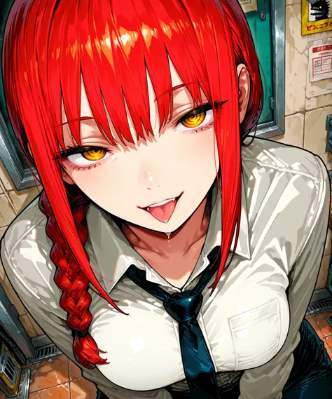748cmstyle, Makima from Chainsaw-Man n Office-suit, seductive woman, querule short red hair,, fierce yellow-circle-eyes.

