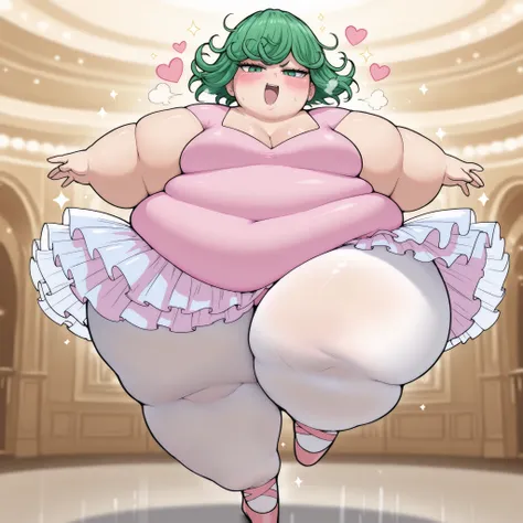 masterpiece, best quality, 1girl, solo  Tatsumaki, green hair, short hair, green eyes, , pink leotard, tutu, looking at viewer, white pantyhose, standing on one leg, en pointe, ballerina shoes, (large breasts:0.6), ballroom, blush, smug, fat, chubby, obese...