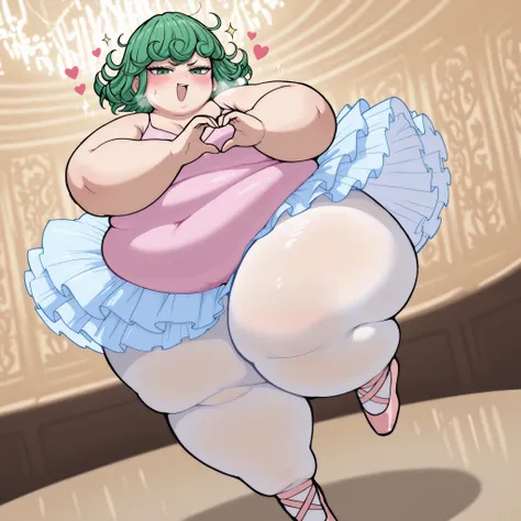 masterpiece, best quality, 1girl, solo  Tatsumaki, green hair, short hair, green eyes, , pink leotard, tutu, looking at viewer, white pantyhose, standing on one leg, en pointe, ballerina shoes, (large breasts:0.6), ballroom, blush, smug, fat, chubby, obese...