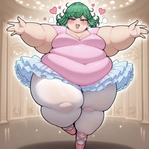 masterpiece, best quality, 1girl, solo  Tatsumaki, green hair, short hair, green eyes, , pink leotard, tutu, looking at viewer, white pantyhose, standing on one leg, en pointe, ballerina shoes, (large breasts:0.6), ballroom, blush, smug, fat, chubby, obese...