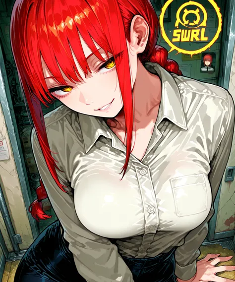 748cmstyle, Makima from Chainsaw-Man n Office-suit, seductive woman, querule short red hair,, fierce yellow-circle-eyes.
