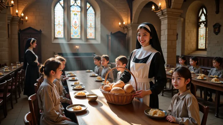 documentary photo, photo-realistic, dramatic scene, 1 girl\(Japanese cute girl, famous Japanese idol, young beautiful Catholic nun, wearing traditional black and white habit, standing, smile\), kind-hearted nun holding a large wicker basket filled with freshly baked bread, distributing bread to young orphans, medieval monastery refectory, long wooden tables, warm candlelight, sunlight streaming through arched windows, young orphans sitting patiently, worn but clean clothing, humble expressions, quiet anticipation, nuns serving food with kindness, bread and soup on rustic clay plates, sense of comfort and charity, historical stone walls with intricate carvings, stained glass casting colorful light, heartfelt atmosphere