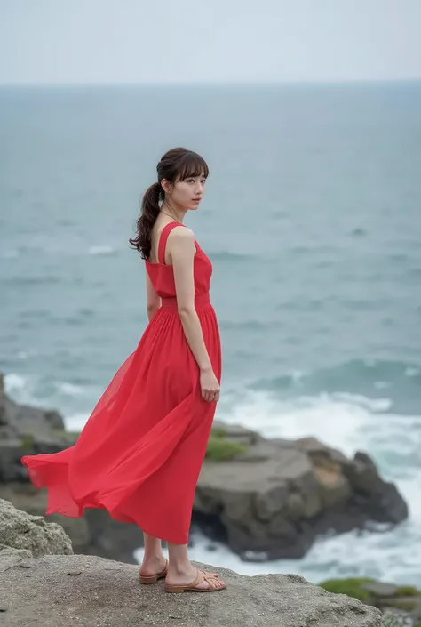 A breathtakingly beautiful Japanese idol stands on the edge of the rugged cliffs of Tojinbo, her slender frame trembling in the salty wind. Her semi-long hair is tousled by the stormy air, framing her delicate yet resolute face. She is dressed in a strikin...
